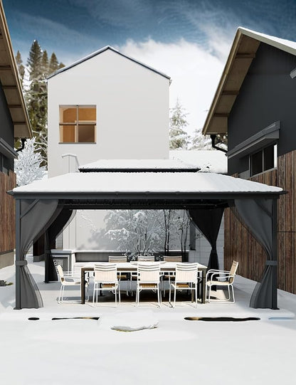 GAOMON Hardtop Gazebo 12'x16' for All Weather, with Double Metal Roof, Aluminum Alloy Frame, Net, and Curtain, Permanent Building of Backyard Luxury for Patio, Deck, Backyard, Lawn, and Garden, Gray