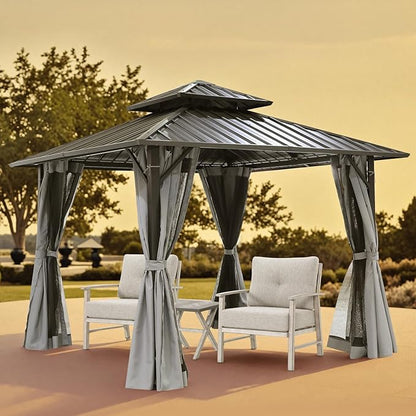 12' x 12' Hardtop Gazebo, Aluminum Frame Patio Hardtop Gazebos with Netting and Curtain, Outdoor Patio Pergola, Outdoor Patio Gazebo with Double Metal Roofs for Lawns, Garden, Deck, Slate Gray
