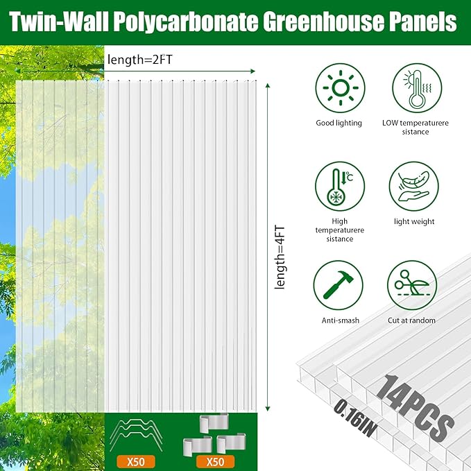 Polycarbonate Greenhouse Panels 14 Pack 4'x 2'x0.16 Twin-Wall UV-Protected All Weather Plastic Roof Panel Clear Replacement Sheets for Garden Fences, Furniture DIY,Outdoor Roofing