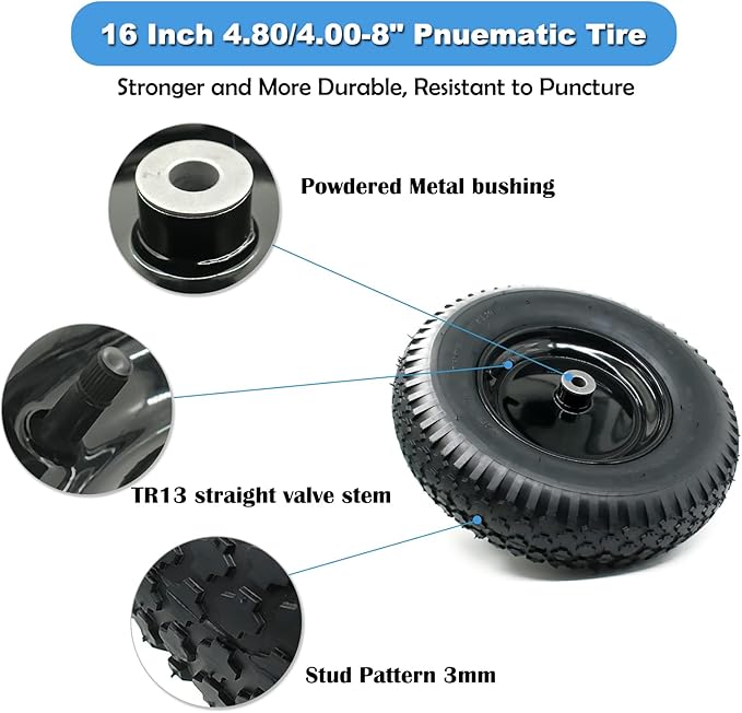 4.80/4.00-8" Pneumatic Tire and Wheel Assy,2PR (Air Filled)- 5/8"or 3/4" Powdered Metal bushings and 3"or 6"Center Hub, for Wheelbarrows,Garden and Utility Carts,Trolleys,Wagon and More