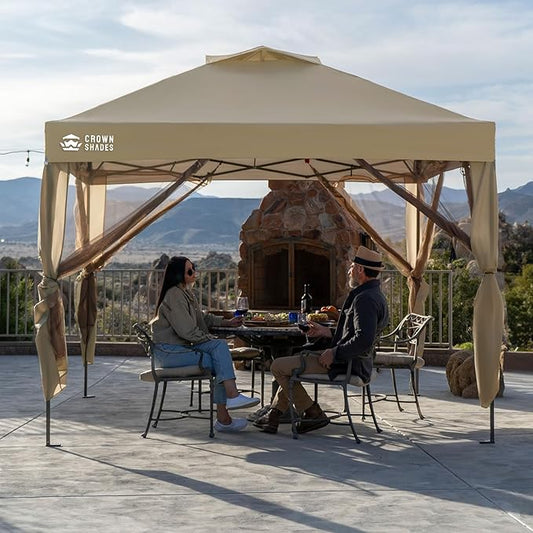 CROWN SHADES Gazebo 10x10 Pop Up Canopy with Mosquito Netting, Screen Tent with 4 Ropes, 8 Stakes, 4 Sandbags and Wheeled Storage Bag, Canopy for Patio & Backyard, Beige