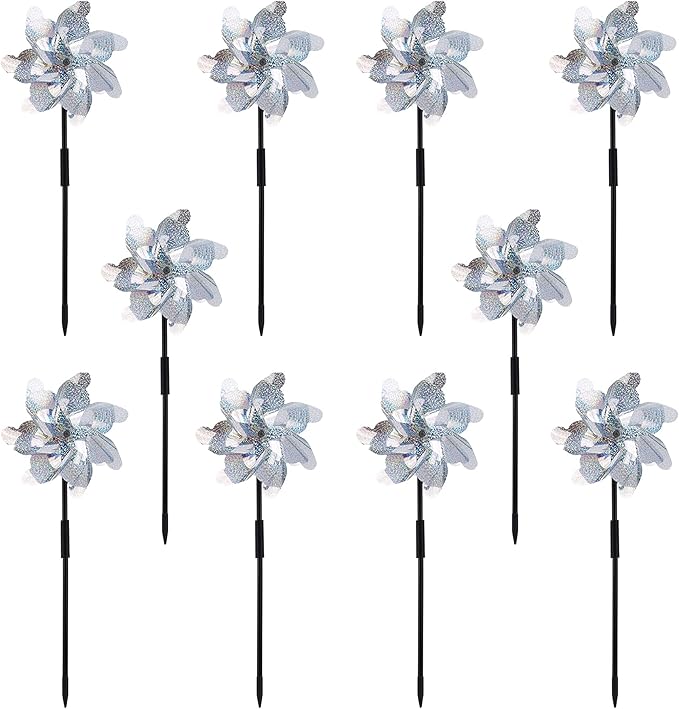 10 Pack Reflective Pinwheels with Plastic Stakes| 19.7 inch Pre-Assembled Sparkle Pin Wheel Set | Scare Off Birds and Animals Away | Decorative for Garden, Yard, Lawn
