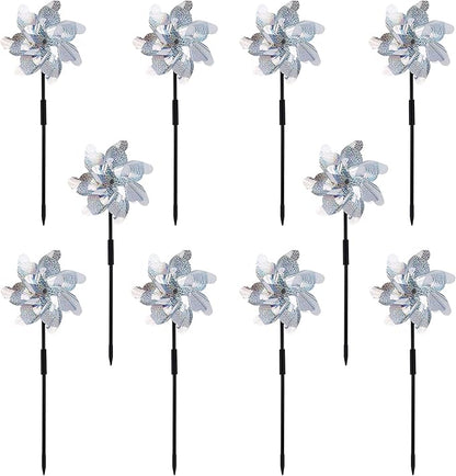 10 Pack Reflective Pinwheels with Plastic Stakes| 19.7 inch Pre-Assembled Sparkle Pin Wheel Set | Scare Off Birds and Animals Away | Decorative for Garden, Yard, Lawn