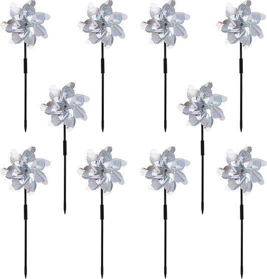 10 Pack Reflective Pinwheels with Plastic Stakes| 19.7 inch Pre-Assembled Sparkle Pin Wheel Set | Scare Off Birds and Animals Away | Decorative for Garden, Yard, Lawn