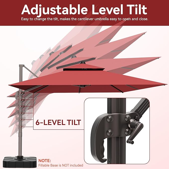 10x13 FT Patio Umbrella, Large Cantilever Rectangular Double Top Heavy Duty Offset Umbrellas with 360° Rotation, Outdoor shade for Garden Deck Pool Patio, Red