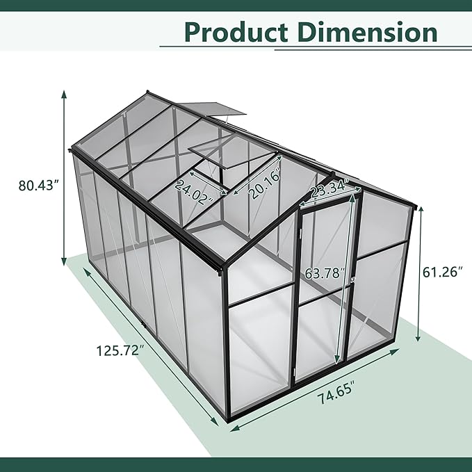 KEIKI 6 x 10 FT Greenhouse for Outdoors, Heavy Duty Polycarbonate Large Walk-in Greenhouse with Double Doors and Two Ventilation Windows for Outside Green House Garden Backyard