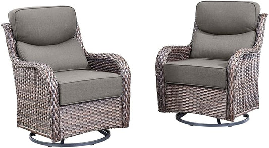 Luxury High Back Outdoor Swivel Rocker Patio Chairs with Side Table & 6-Inch Thick Cushions, 2 Pieces Patio Furniture Set for Porch, Balcony, Deck and Yard