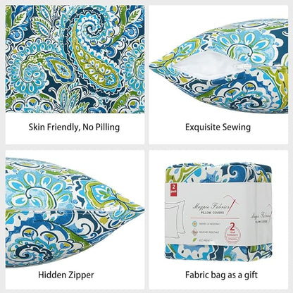Magpie Fabrics Pack of 2 Indoor Outdoor Waterproof Throw Pillow Covers 18 x 18 Inch, Decorative Pillowcase Shell Cushion Sham for Garden Patio Tent Balcony Couch Sofa(Paisley Lapis Green)