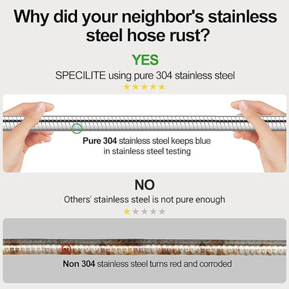SPECILITE Stainless Steel Garden Water Hose 50 ft with Swivel Handle, Lightweight & Flexible Pipe with Heavy Duty Nozzle for Yard, Outdoor, Lawn