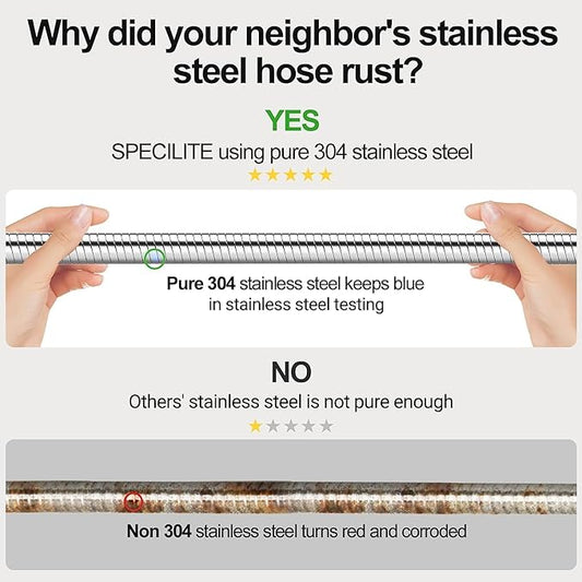SPECILITE 125ft 304 Stainless Steel Garden Hose Metal, Heavy Duty Water Pipe with Nozzles for Yard, Outdoor - Flexible, Never Kink & Tangle, Puncture Resistant (Sliver)