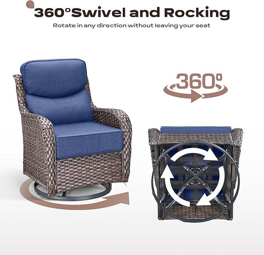 Rilyson Wicker Outdoor Patio Furniture Set - 4 Piece Patio Conversation Set with Swivel Rocker Chairs and Ottomans, 6 inch Cushions, High Back, Deep Seating, for Porch Deck Garden Brown/Blue