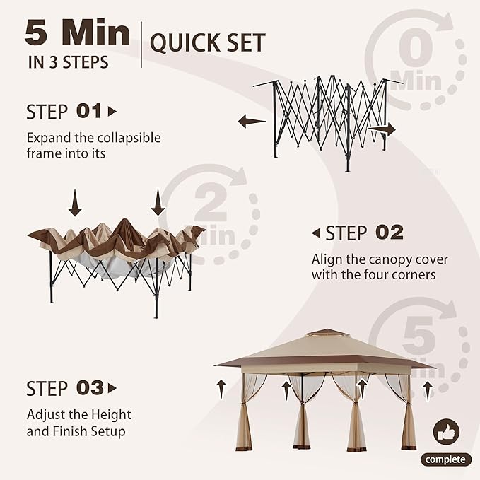 Bezseller 13x13 Pop Up Gazebo Tent with Mosquito Netting – Quick Set Up, Water-Resistant Outdoor Canopy for Patio, Garden, Backyard, and More,Khaki