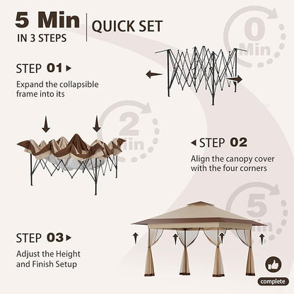 Bezseller 13x13 Pop Up Gazebo Tent with Mosquito Netting – Quick Set Up, Water-Resistant Outdoor Canopy for Patio, Garden, Backyard, and More,Khaki