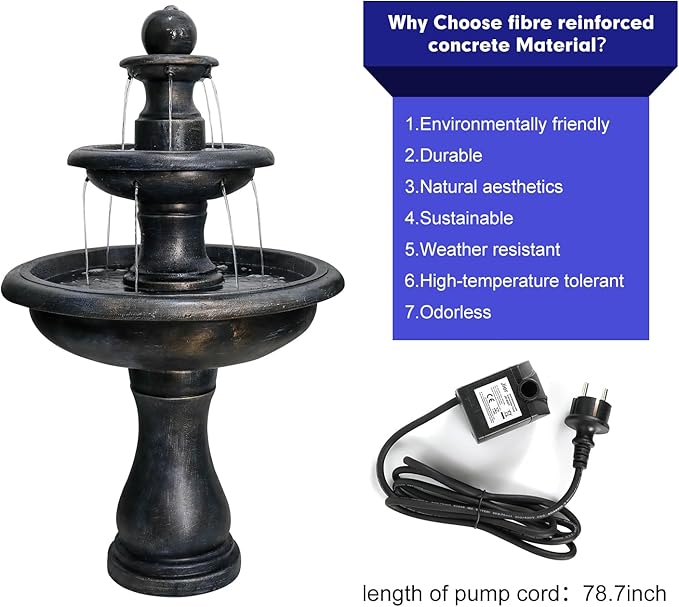 45.2” H Outdoor Floor Water Fountain, 3-Tiers Concrete Water Fountain with Submersible Electric Pump - Garden Cascading Waterfall for Yard Patio Lawn Home Decor