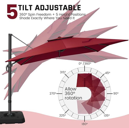 Hotime 10ft Patio Umbrella Outdoor Patio Height adjustable and Windproof, Heavy Duty Aluminum Square Offset Patio Umbrella Cantilever Pool Umbrella with 360°Rotation for Garden Deck Pool, Wine Red