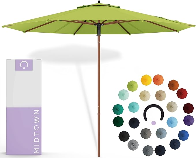 Midtown Umbrellas The Wooden 10 Feet Patio Umbrella With Sunbrella Macaw Acrylic Fabric - Aluminum Frame Market Umbrella For Backyard, Deck, Garden, Pool - Wooden Pole