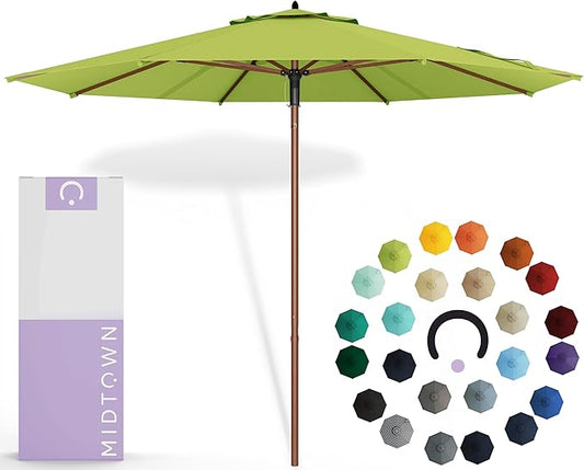 Midtown Umbrellas The Wooden 10 Feet Patio Umbrella With Sunbrella Macaw Acrylic Fabric - Aluminum Frame Market Umbrella For Backyard, Deck, Garden, Pool - Wooden Pole