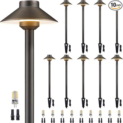 Gardenreet 12V Brass Landscape Path Lights - LED Low Voltage Pathway Lamp IP65 Waterproof, Outdoor Walkway Lighting Wired, Hat Bronze for Patio Lawn with 3W 270LM 5000K Daylight G4 Bulb (10 Pack)