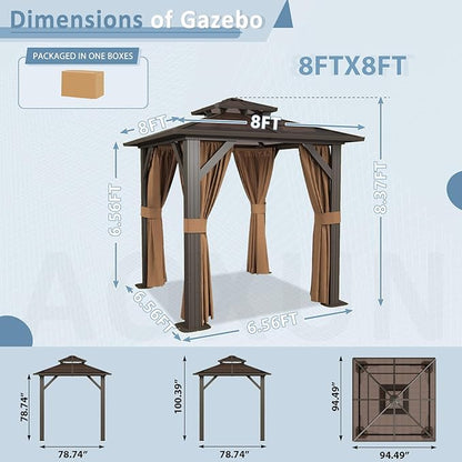 Aoxun 8'x 8' Hardtop Gazebo, Outdoor Polycarbonate Double Top Canopy, Aluminum Frame Gazebo with Netting and Curtains, Sunshade for Gardens, Patios, Lawns, Brown