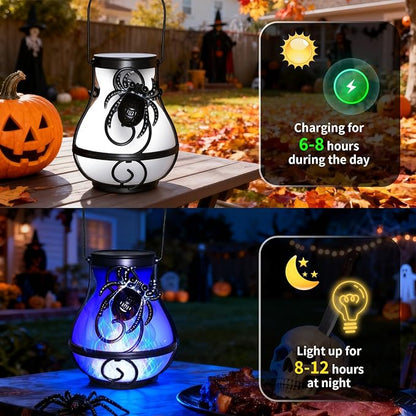 2 Pack Solar Halloween Hanging Lights Outdoor,Solar Spider Flickering Flame Lantern for Garden Yard Patio Halloween Party Decoration