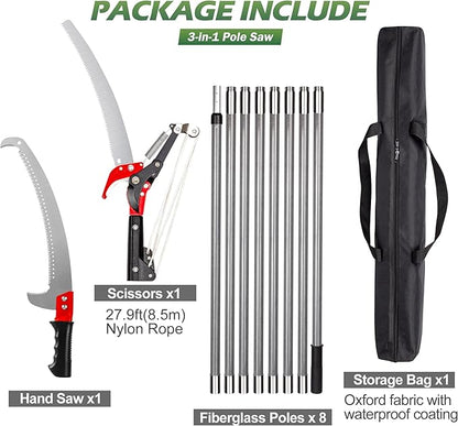 Walensee Pole Saws for Tree Trimming,7.2-27FT Extendable Tree Pruner,Manual Branch Timmer with Blade and Scissors High Branches Pruning Fiberglass Pole Pruner and Cutter Garden Tool with Storage Bag