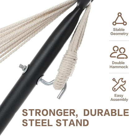 PNAEUT Double Hammocks with Stand for Outside, Portable Space Saving Heavy-Duty Steel Stand for Indoor Outdoor Patio with Carrying Bag, 450 lbs Capacity (Lightblue)