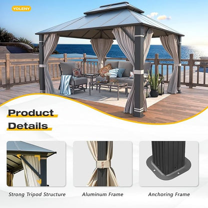 YOLENY 10'x12' Hardtop Gazebo, Outdoor Double Roof Aluminum Composite Gazebos with Curtains and Netting for Patio, Lawn, and Garden