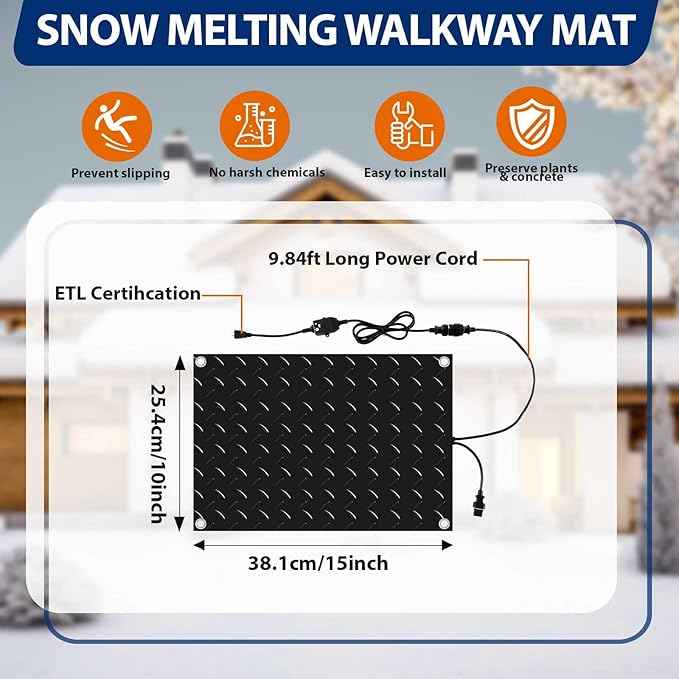 Riakrum 4 Pcs Heated Snow Melting Mats Outdoor, 10 x 15 in Winter Anti-Slip Heated Rubber Mat for Walkways Decks and Sidewalks, Snow and Ice Melting Pads Connection with 9.84 ft Power Cord