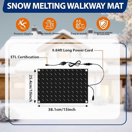 Riakrum 2 Pcs Heated Snow Melting Mats Outdoor, 10 x 15 in Winter Anti-Slip Heated Rubber Mat for Walkways Decks and Sidewalks, Snow and Ice Melting Pads Connection with 9.84 ft Power Cord