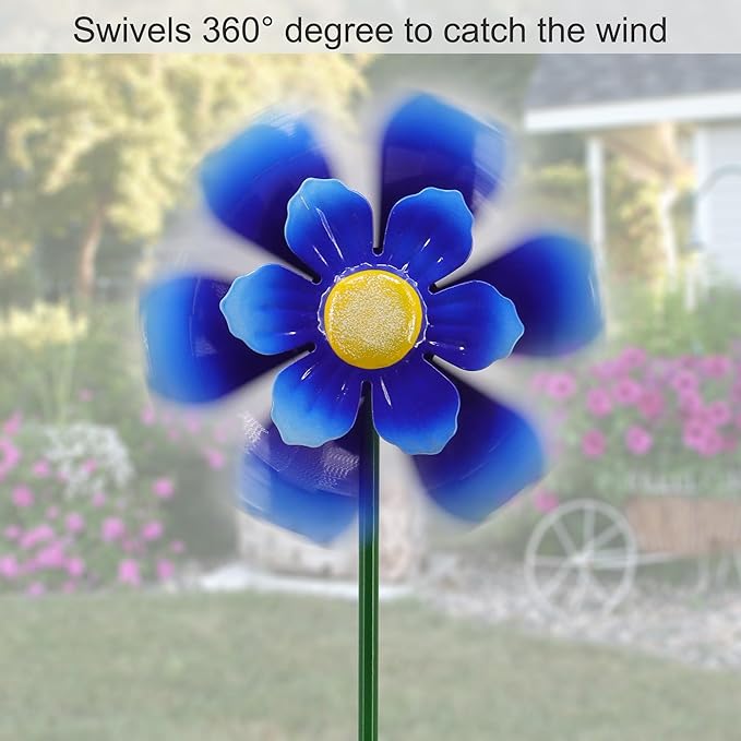 Metal Flower Wind Spinner Garden Lawn Stakes Yard Art, 27 Inch Windmill Outdoor Garden Iron Handicraft Lawn Ornament, Outside Front Metal Yard Art Decor, 5 pieces Outdoor Front Porch Patio Decorations