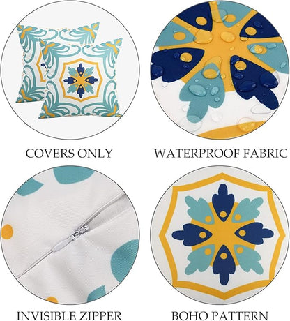 Outdoor Waterproof Throw Pillow Covers Set of 4 Floral Printed and Boho Farmhouse Outdoor Pillow Covers for Patio Funiture Garden 18x18 Inch Blue