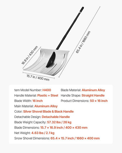VEVOR Snow Shovel for Driveway, 16 in Wide Aluminum Alloy Snow Shovel, Non Slip Grip, Large Capacity Snowplow Shovels, Detachable & Lightweight Snows Removal Tool for Garden Car Camping Outdoors