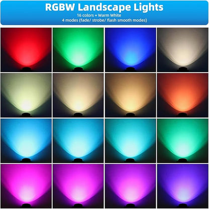 Low Voltage Landscape Lighting,12V-24V RGBW Color Changing Landscape Lights IP67 Waterproof Landscape Spotlights for Garden Yard Holiday Halloween Christmas Decor (6 Pack)