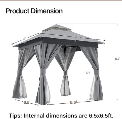 LAUSAINT HOME Outdoor Patio Gazebo 8'x8' with Expansion Bolts, Heavy Duty Gazebos Shelter Party Tent with Double Roofs, Mosquito Nettings and Privacy Screens for Backyard, Garden, Lawn, Smoke Grey