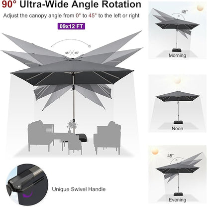 PURPLE LEAF 9' X 12' Left-right Tilting Patio Umbrella Outdoor Swivel Cantilever Umbrella Aluminum Offset Umbrella with Champagne Frame and 360-degree Rotation for Garden Deck Pool, Grey