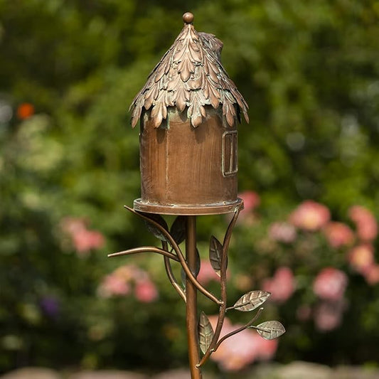 Copper Color Bird House Garden Stake with Ornate Style Roof (Cylinder House)