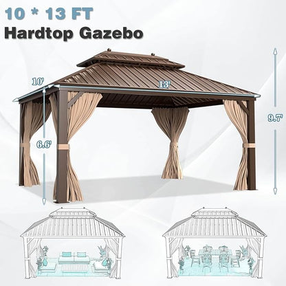 MELLCOM 10'x13' Hardtop Gazebo, Galvanized Steel Double Roof Metal Canopy with Aluminum Frame, Brown Permanent Patio Gazebos with Curtains and Netting for Patios, Gardens, Lawns