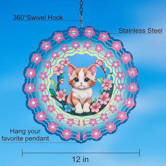Metal Wind Spinners for Outdoor,Birthday Gifts for Women Mom Grandma, 12 Inch Cute Pink Cat Wind Spinner, Kinetic Sculpture Garden Decor for Ornament Gifts