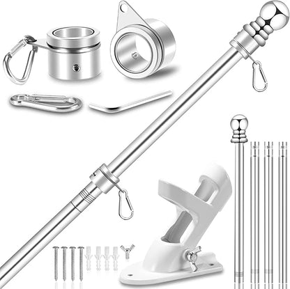 5 FT Flag Pole for Outside House, 1" Stainless Steel Flag Pole Kit with 2-Position Flagpole Holder Bracket & 360° Spinning Metal Flag Ring Clips, Outdoor Porch Wall Mounted for 3x5 Flag (5 FT, Silver)