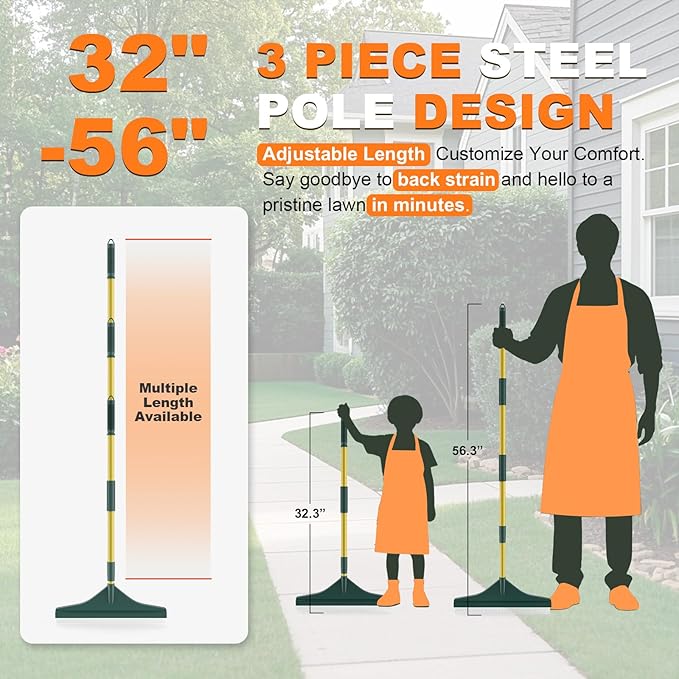 Artificial Turf Rake with Steel Telescopic Handle, 32 to 55 Inch 3 Piece-Pole Easy Storage Design, Garden Hand Boom Rake for Artificial Grass, Carpet Pet Hair, Lawn Leaves and Debris Remove, Yellow