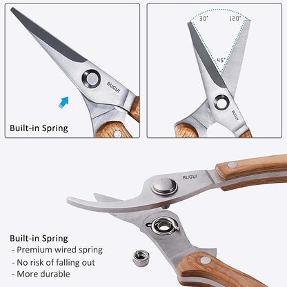 BUGUI Wood Handle Garden Shears, Long Straight Tip, All Steel Construction, Sharp, Well Designed Garden Scissors, 8"