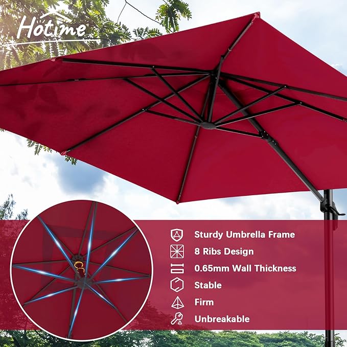 Hotime 10ft Patio Umbrella Outdoor Patio Windproof and Height adjustable, Heavy Duty Aluminum Square Offset Patio Umbrella Cantilever Pool Umbrella with 360°Rotation for Garden Deck Pool, Wine Red