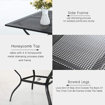 PHI VILLA 5 Pieces Outdoor Dining Set for 4, Metal Steel Square Table with Umbrella Hole & Stackable Black Wrought Iron Chairs, Heavy-Duty Dining Furniture for Patio, Deck, Backyard, Porch