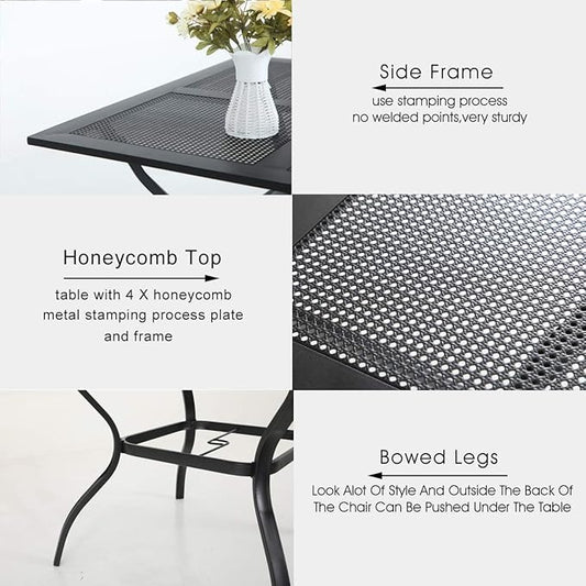 PHI VILLA 5 Pieces Outdoor Dining Set for 4, Metal Steel Square Table with Umbrella Hole & Stackable Black Wrought Iron Chairs, Heavy-Duty Dining Furniture for Patio, Deck, Backyard, Porch