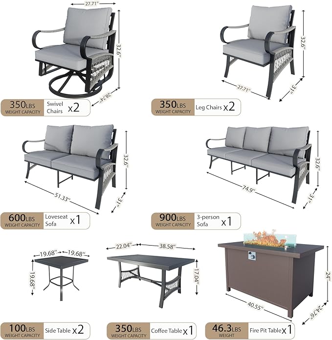 12 Pieces Patio Conversation Sets, All Weather Metal Outdoor Furniture Set, 3-Seater, 4 Swivel Rockers, 2 Single Chairs, 1 Loveseat, 2 Side Tables, 1 Coffee Table, 1 Fire Pit Table for Outside, Gray