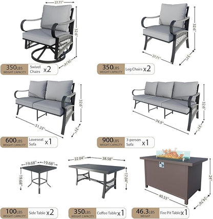 12 Pieces Patio Conversation Sets, All Weather Metal Outdoor Furniture Set, 3-Seater, 4 Swivel Rockers, 2 Single Chairs, 1 Loveseat, 2 Side Tables, 1 Coffee Table, 1 Fire Pit Table for Outside, Gray