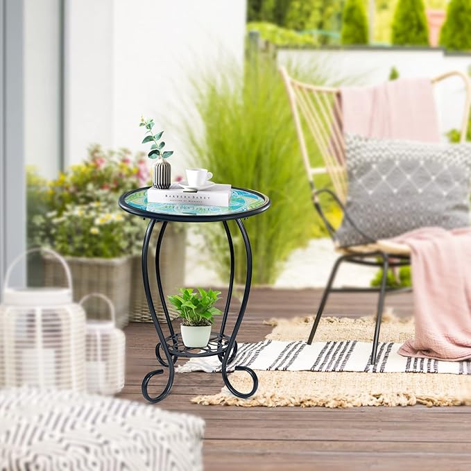 HONGLAND Mosaic Outdoor Side Table, 14" Round Patio Side Table, Mosaic Plant Stand, End Table W/Storage Shelf, Small Bistro Coffee Table for Garden Yard Porch Living Room(Green)