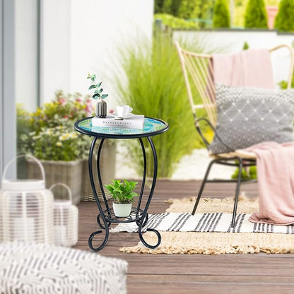 HONGLAND Mosaic Outdoor Side Table, 14" Round Patio Side Table, Mosaic Plant Stand, End Table W/Storage Shelf, Small Bistro Coffee Table for Garden Yard Porch Living Room(Green)