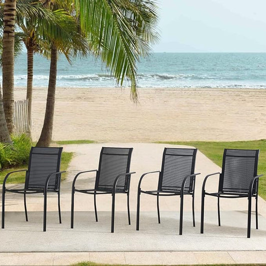 Outdoor Dining Chairs Set of 4, Stackable Patio Chairs with Textilene Fabric, Lightweight Garden Chairs for Poolside, Backyard, Camping, Black