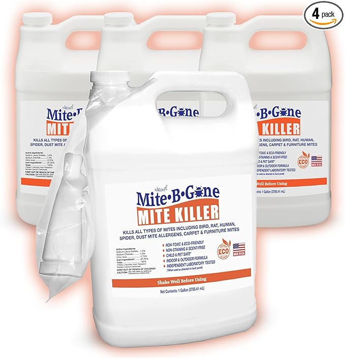Mite Killer Treatment Spray Pack by Mite-B-Gone | Kills All Types of Mites, Dust, Spider, Rat, Carpet & Bird Mites | Safe for Homes, Furniture & Pets | Non-Toxic | Kid & Pet Friendly | 1 Gal 4-Pack